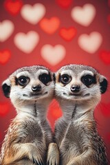 Fototapeta premium Two adorable meerkats pose together against a backdrop of colorful hearts, radiating charm and affection.