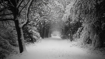 Obraz premium Snow-covered pathway through a serene forest during winter afternoon