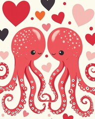 Two cute, cartoon-style octopuses are intertwined with hearts in various shades, creating a playful and romantic underwater scene.