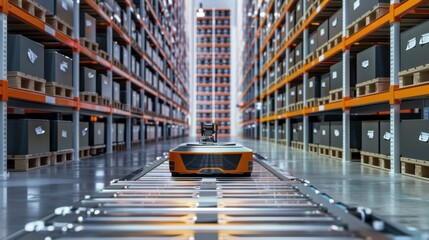 A cutting-edge industrial robotics warehouse with automated guided vehicles (AGVs) navigating aisles to fulfill orders in a smart logistics center, Robotics warehouse scene