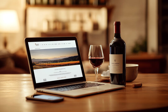 Laptop on wooden table beside wine bottle and glass, open to vineyard webpage. Concept of relaxation and wine appreciation. For wine-related content