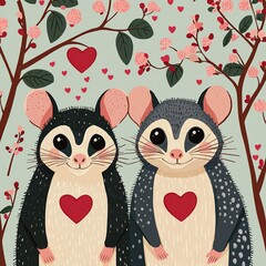 Two adorable, cartoon-style possums stand together with hearts on their chests, surrounded by pink flowers and hearts, conveying a theme of love and friendship.