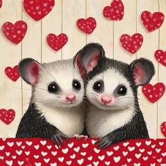 Two adorable, cartoon-style possums cuddle together against a backdrop of hearts, evoking a warm, loving atmosphere.