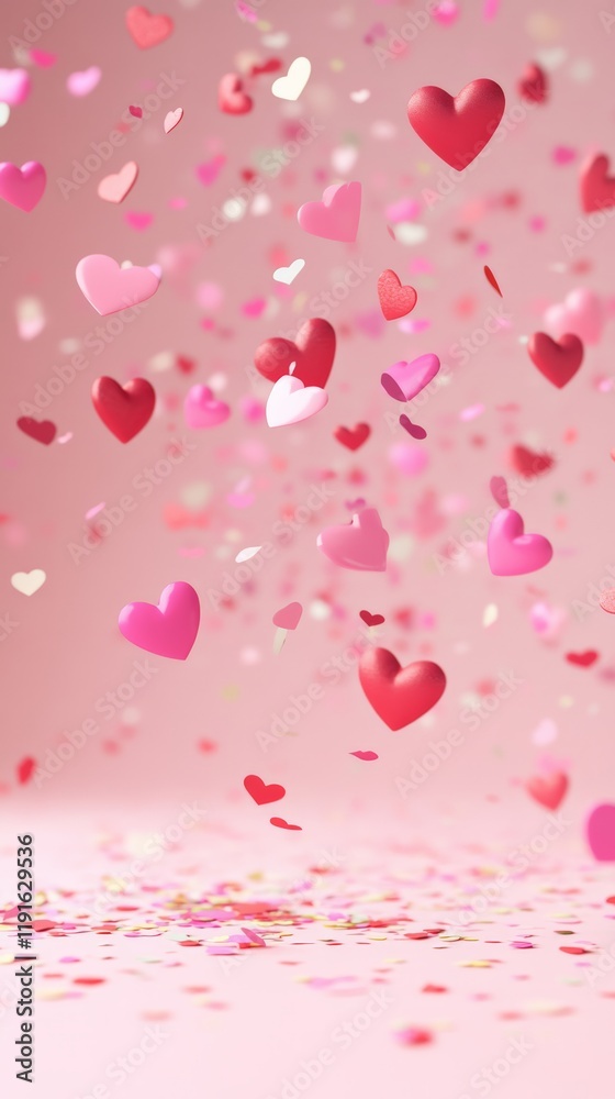 Poster pink and red hearts are gently falling onto a pink surface covered with confetti, creating a dreamy 