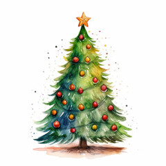 Fototapeta premium Watercolor Christmas Tree Illustration with Festive Ornaments, Perfect for Holiday Decor and Greeting Card Designs
