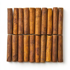 Cinnamon sticks on a white background, presented in a unique arrangement