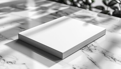 A white book sits on a marble countertop
