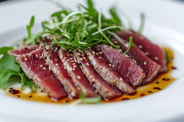 Plate of Thinly Sliced Tuna with Sesame Seeds, Artfully Arranged on a White Plate.