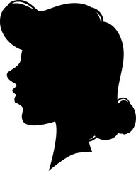 Black silhouette profile of female head with elegant retro hairstyle, isolated on white background, representing beauty, fashion, and vintage style