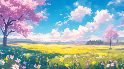 The image is a vibrant and colorful illustration of a spring landscape, featuring a clear blue sky with fluffy clouds, a field of yellow flowers, and trees with pink blossoms