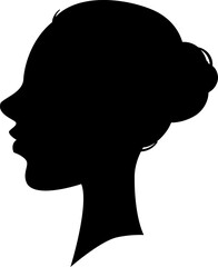 Side view silhouette of a young woman with tied hair, gazing to the left. The black shape contrasts against a white background, creating a simple yet elegant portrait