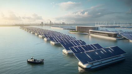 A floating solar panel array set on calm water under a cloudy sky, symbolizing renewable energy innovation, eco-friendly technology, and sustainable solutions for clean energy production.