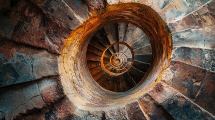 Obraz premium Aged stone spiral staircase, weathered, descending.