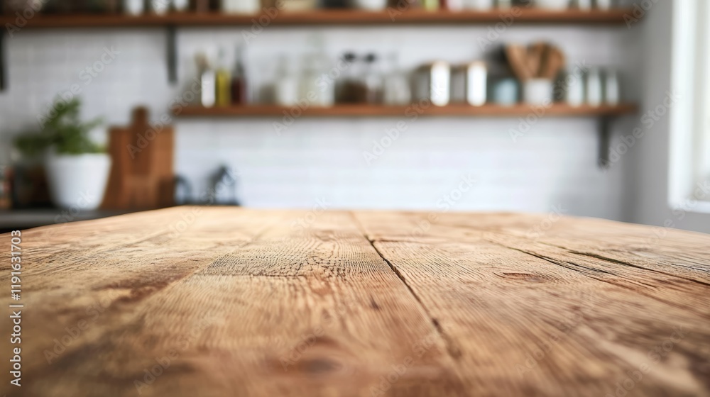 Poster empty wooden table provides a warm and inviting space in a rustic kitchen, perfect for showcasing cu