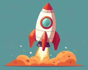 Vibrant Rocket Launch Illustration with Orange and Red Details on a Blue Background, Capturing the Spirit of Adventure and Innovation