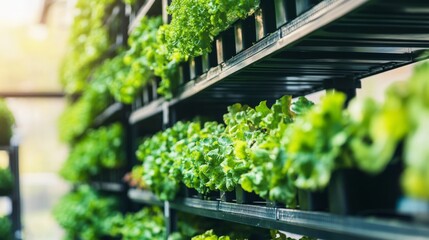 A cutting-edge urban vertical farming facility with hydroponic systems growing fresh produce in a controlled indoor environment, Vertical farming facility scene, Sustainable agriculture style