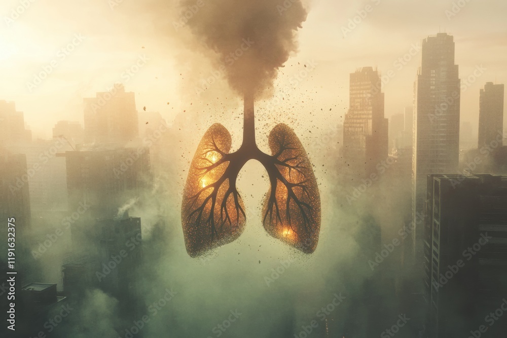 Poster realistic lungs depicted amidst heavy smog and dust particles in a cityscape at dawn highlighting po