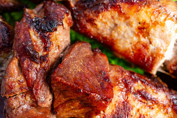 Juicy grilled meat skewers served on a platter at an outdoor barbecue gathering