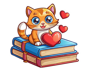 Cat sitting on books with hearts bringing warmth