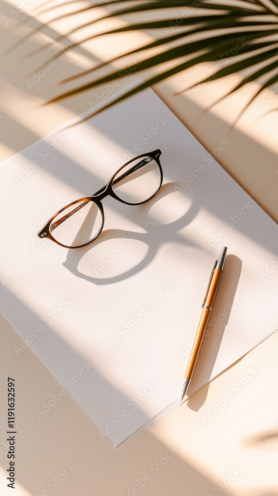 Aufkleber eyeglasses and a golden pen are lying on a sheet of white paper under the shadow of a palm tree leaf