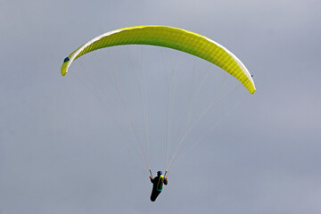 Paraglider flying in a blue sky	