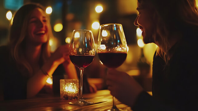A cozy bar with dim lighting rustic wooden tables and guests laughing over glasses of wine.