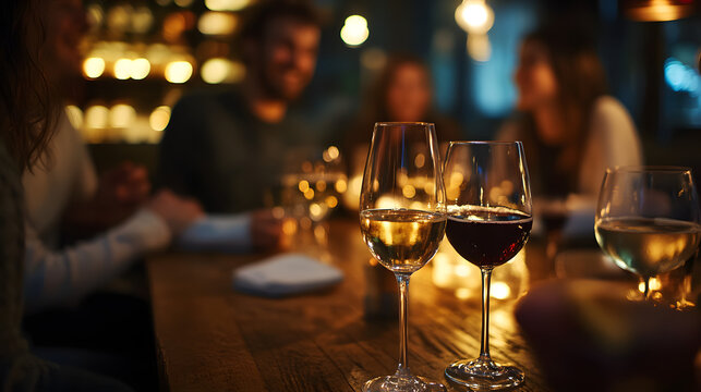 A cozy bar with dim lighting rustic wooden tables and guests laughing over glasses of wine.