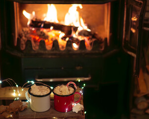 mugs of cocoa in front of the fireplace for christmas