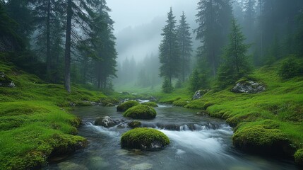 Misty Mountain Stream Flows Through Mossy Green Forest