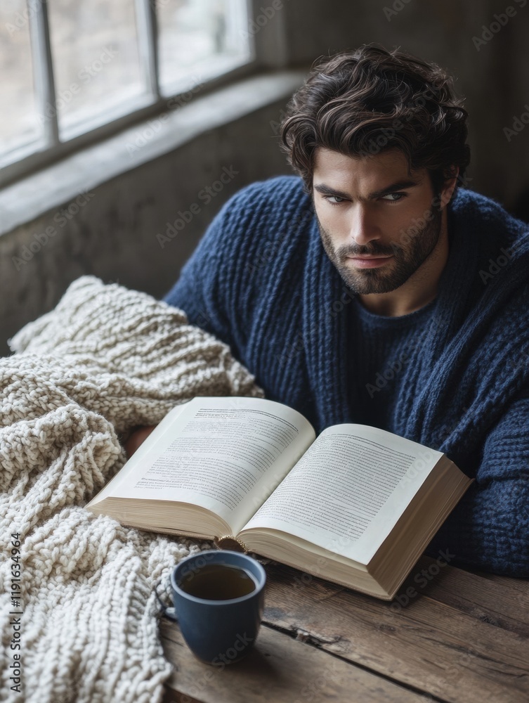 Leinwandbilder Cozy reading session with a warm cup of tea and an open book on a rustic wooden table. Generative AI