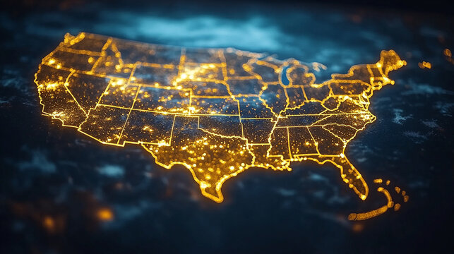 Digital map of USA symbolizing connectivity, global network, data transfer, and cyber technology with a bright gold, silver, and white tone representing information exchange and telecommunication

 - Powered by Adobe