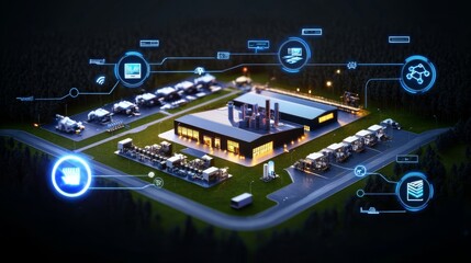 Fototapeta premium Industrial 4.0 AI generated Smart factory. Smart Factory Exterior Overview with Digital Connectivity and Clean Design
