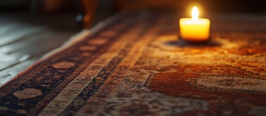 Naklejka premium Candlelight illuminates intricate carpet patterns casting warm glow on wooden floor