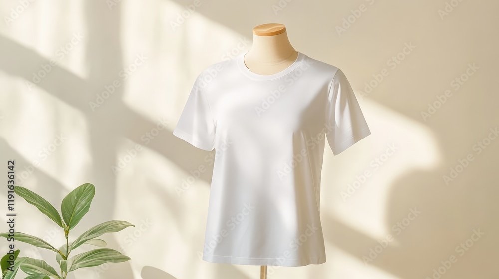 Poster white t shirt mockup displayed on a mannequin in a minimalist setting with natural light and shadows