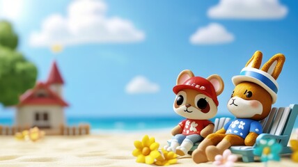 Two animal figurines in beach attire relax on sunny with flowers and house