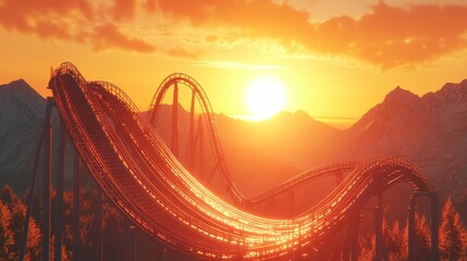 Fototapeta premium Mountaintop roller coaster sunset; fiery, majestic scene.