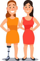 Obraz premium Two cheerful businesswomen standing side by side, one proudly displaying a prosthetic leg, conveying a message of empowerment, inclusion, and overcoming challenges in the workplace