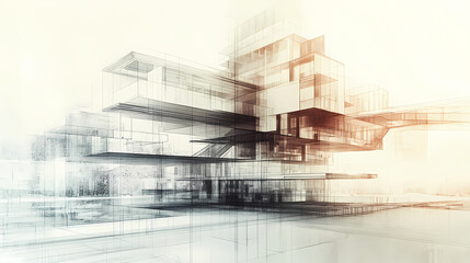 A series of overlapping transparent layers showing the progressive evolution of an architectural design, from the earliest draft to the final, detailed construction plan. Rivermist. Illustration