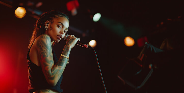 Captivating hip hop female artist delivering an electrifying performance on stage at a vibrant music venue during a late-night showcase