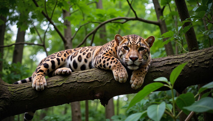 Leopard resting on tree branch in lush green forest
