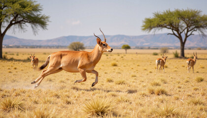 Naklejka premium Running antelope in golden grassland background