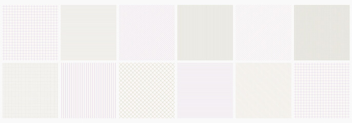 Collection of vector seamless striped paper textures. Geometric repeatable grid simple patterns. Delicate color line prints. Minimalistic backgrounds
