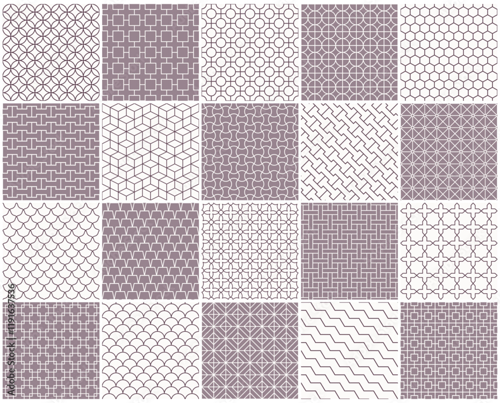 Poster collection of seamless ornamental vector patterns. plum oriental delicate backgrounds. geometric til