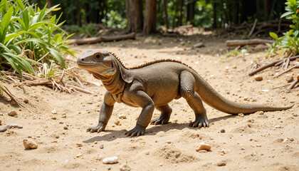 Fototapeta premium Lizard walking on sandy ground in lush wilderness