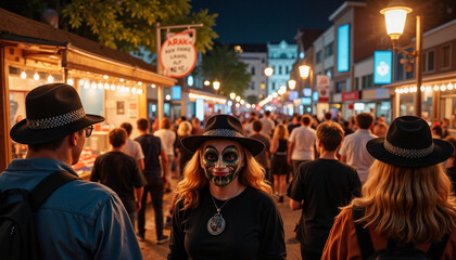 Obraz premium Woman in a colorful mask enjoying a night festival in a city street