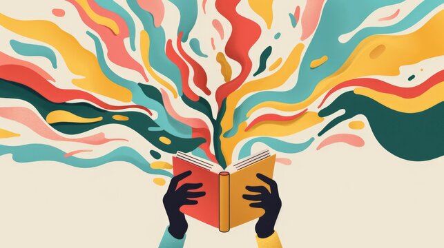 Colorful abstract splash of creativity and imagination coming out of an open book in human hands. Concept of learning, storytelling, and knowledge explosion.