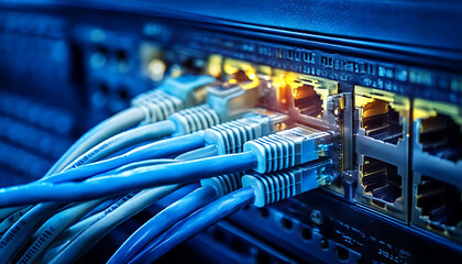 Close-up of network cables plugged into a server.  High-tech, glowing details showcase connectivity and data transfer. Ideal for technology, internet, and networking concepts.