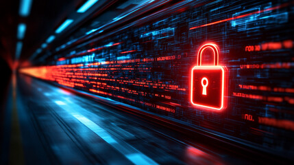 Digital padlock symbolizing cyber security technology for fraud prevention and privacy protection in computing systems against a dramatic blurred background with motion and backlight effects

