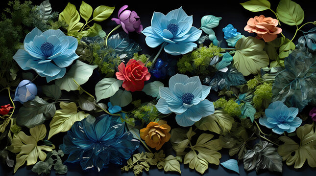 Fantasy floral arrangement with shiny petals and greenery in blue tones. Abstract floral composition. 3d illustration