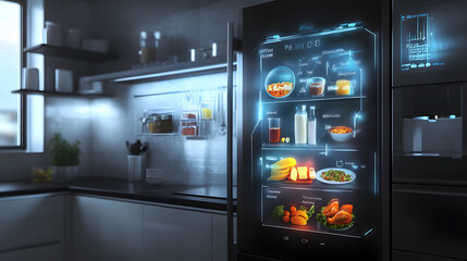 Obraz premium A Sophisticated Smart Fridge with Touchscreen Interface Showcasing an Array of Recipes for the Modern Culinary Enthusiast